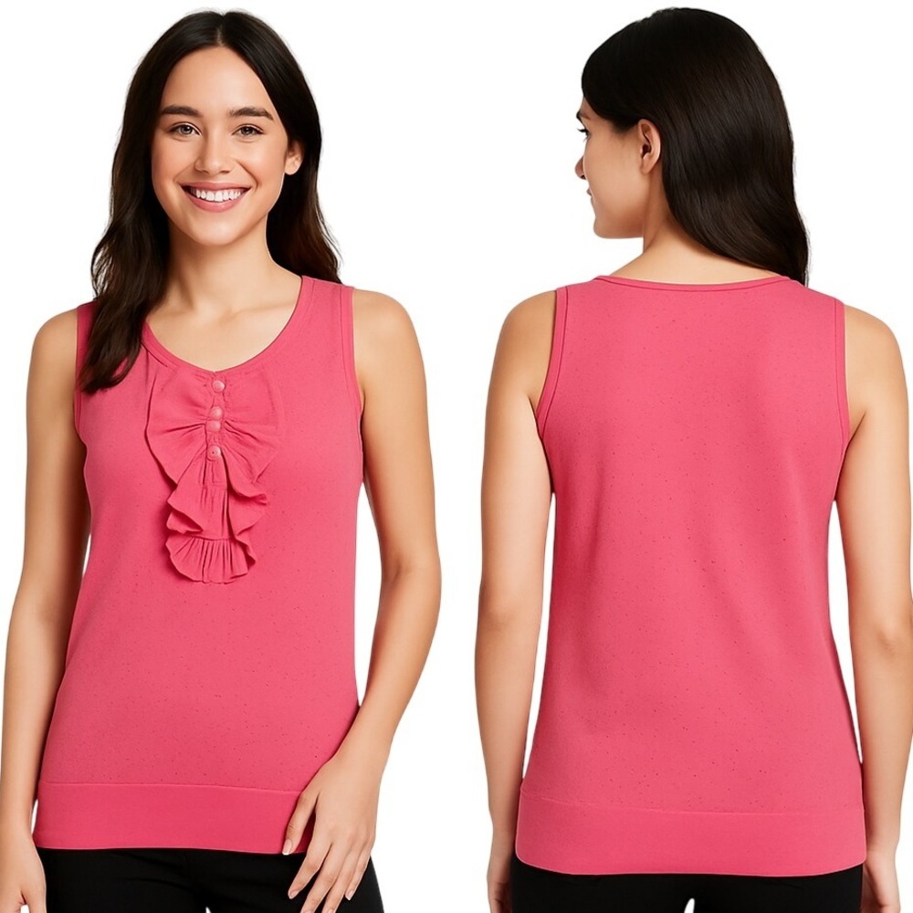 Joseph A Ruffle Front Pointelle Knit Tank Top Women Large Pink Sleeveless New